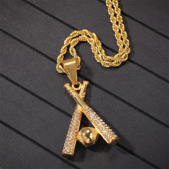 Baseball and Baseball Bat Cross Necklace Stainless Steel Athletes Crosss Pendant Necklace (Gold) - amlion