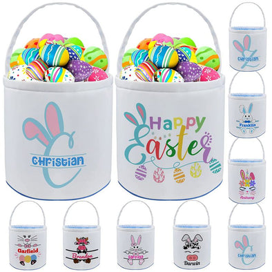 Personalized Initials Easter Basket with Name, Custom Canvas Eggs Hunt Baskets for Boys Girls