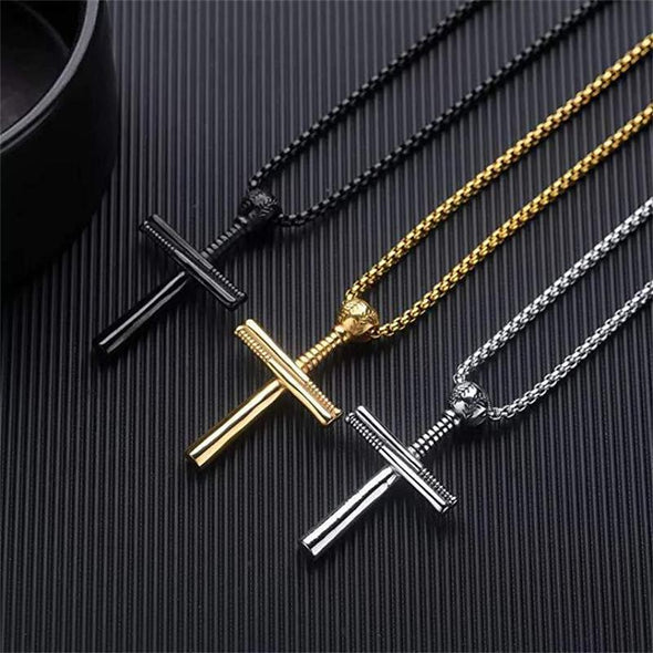 Athletes Cross Necklace ,Baseball and Baseball Bat Cross Necklace,Athletes Cross Pendant for Men ( Silver ) - amlion