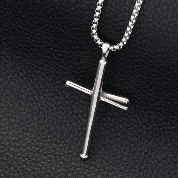 Baseball Bats Cross Necklace, Athletes Cross Pendant Chain,Stainless Steel Cross Necklaces for Men ( Silver ) - amlion