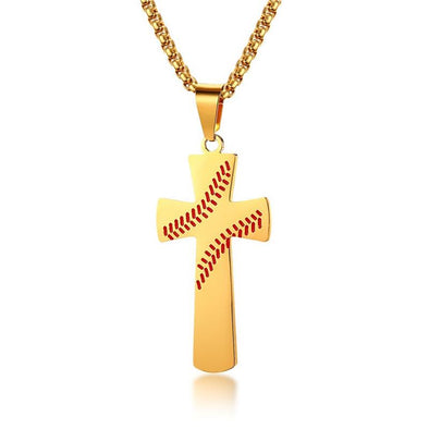 Baseball Cross Necklaces，Stainless Steel Sport Necklace with Chain，Cross Pendant Necklace for Men ( Gold ) - amlion