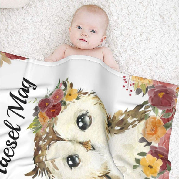Personalized Owl Baby Blanket with Name, Customized Name Blanket for Newborns, Infants, Toddlers