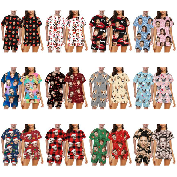 Personalized Pajamas with Face Photo Pet Pictures Custom Short Sleeves Pjs for Women Men Christmas Gift
