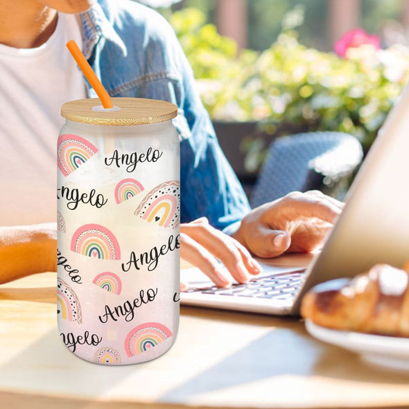 Personalized Glass Cups with Bamboo Lids and Straws 16 oz, Custom Iced Coffee Can Shaped Glass Tumbler with Month Flower Name  for Women