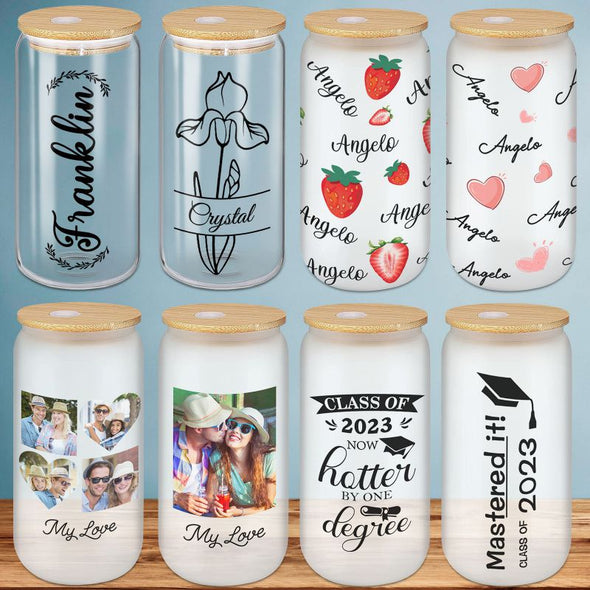 Personalized Frosted Glass Cups with Bamboo Lids and Straws 16 oz, Custom Iced Coffee Can Shaped Glass Tumbler with Name for Women