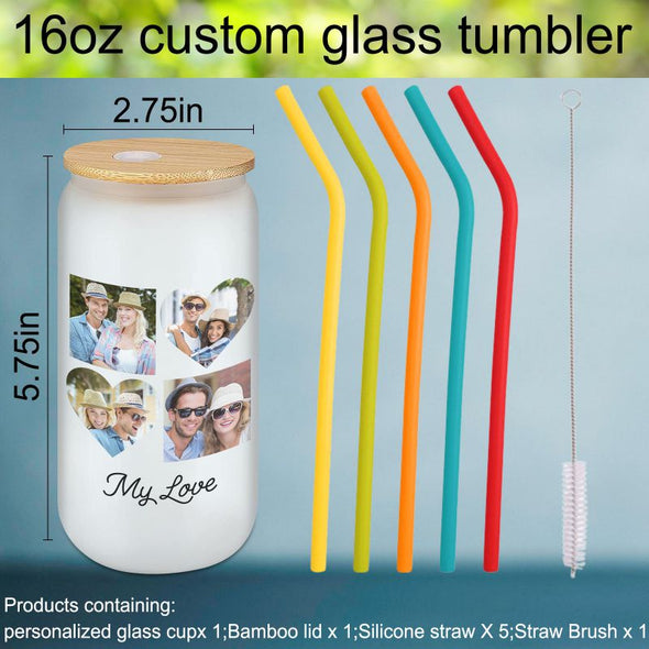 Personalized Frosted Glass Cups with Bamboo Lids and Straws 16 oz, Custom Iced Coffee Can Shaped Glass Tumbler with Name for Graduation
