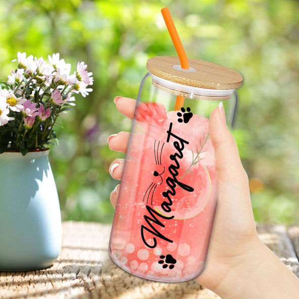 Personalized Glass Cups with Bamboo Lids and Straws 16 oz, Custom Iced Coffee Can Shaped Glass Tumbler with Month Flower Name  for Women