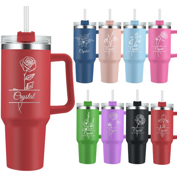 Personalized 40oz Tumbler with Handle and Straw, Custom Birth Flower Engraved Names Insulated Stainless Steel Travel Cup
