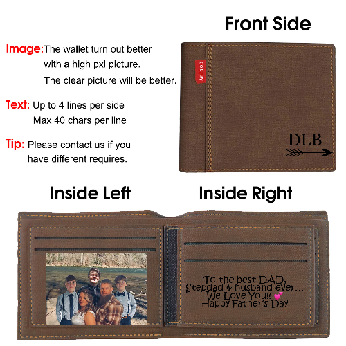 Personalized Monogram Wallets Men, Custom Engraved Mens Photo Wallets for Men Dad Father Day Gifts-Light Brown