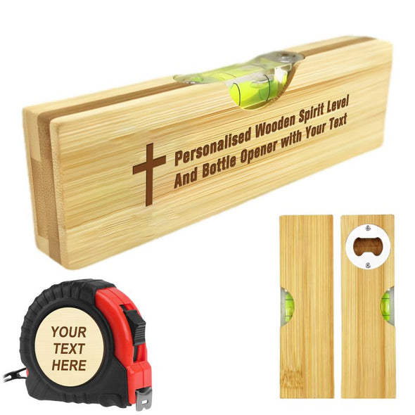 Father Day Gift Personalized Bamboo Spirit Level Bottle Opener Custom Engraved Tape Measure for Dad Husband Grandad