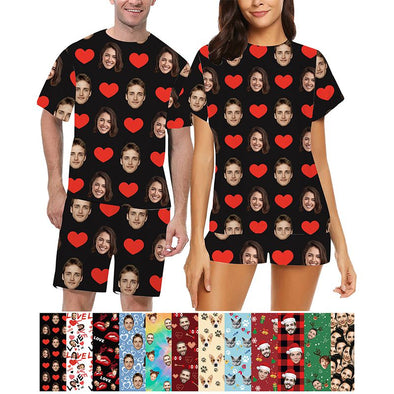 Personalized Pajamas with Face Photo Pet Pictures Custom Short Sleeves Pjs for Women Men Christmas Gift