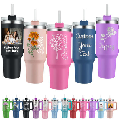 Personalized 40oz Tumbler with Handle and Straw, Custom Engraved Names/Flower Insulated Stainless Steel Travel Cup