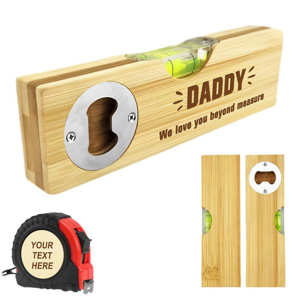 Father Day Gift Personalized Bamboo Spirit Level Bottle Opener Custom Engraved Tape Measure for Dad Husband Grandad