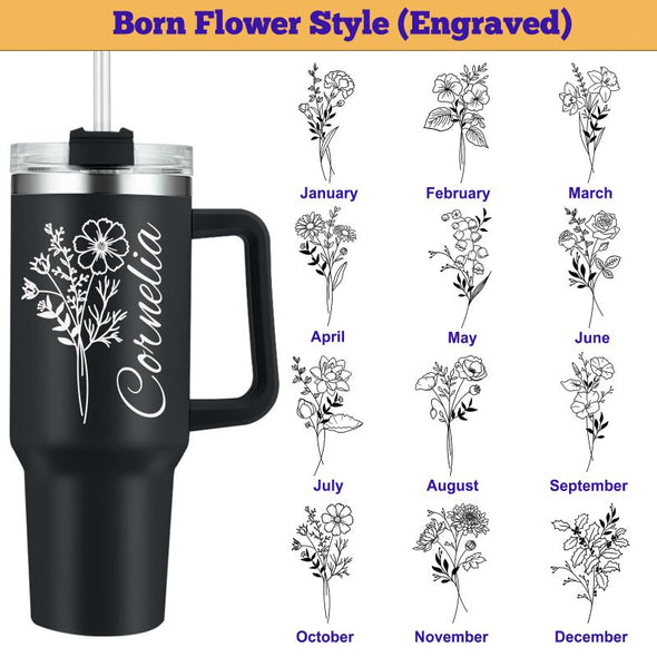 Personalized 40oz Tumbler with Handle and Straw, Custom Engraved Names/Flower Insulated Stainless Steel Travel Cup