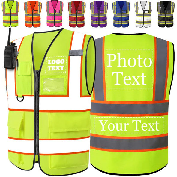 Custom Safety Vest Two Tone High Visibility Reflective Vests Bulk with Pockets Zipper Personalized Logo Text for Women Men