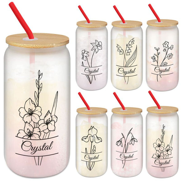 Personalized Frosted Glass Cups with Bamboo Lids and Straws 16 oz, Custom Iced Coffee Can Shaped Glass Tumbler with Month Flower Name for Women