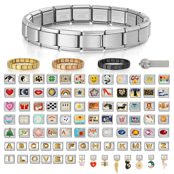 Custom Italian Charm Bracelet, Personalized Charms in 100+ Designs, Stainless Steel Adjustable Link Bracelet for Women/Men
