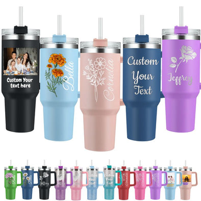 Personalized 40oz Tumbler with Handle and Straw, Custom Engraved Names/Flower Insulated Stainless Steel Travel Cup
