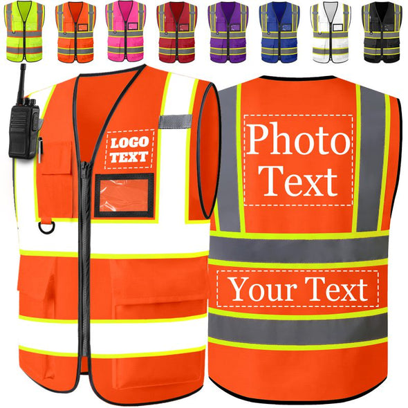 Custom Safety Vest Two Tone High Visibility Reflective Vests Bulk with Pockets Zipper Personalized Logo Text for Women Men