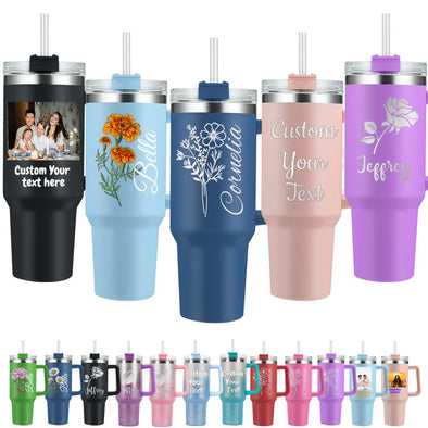 Personalized 40oz Tumbler with Handle and Straw, Custom Engraved Names/Flower Insulated Stainless Steel Travel Cup