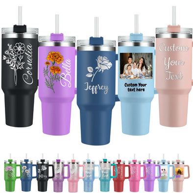 Personalized 40oz Tumbler with Handle and Straw, Custom Engraved Names/Logo Insulated Stainless Steel Travel Cup
