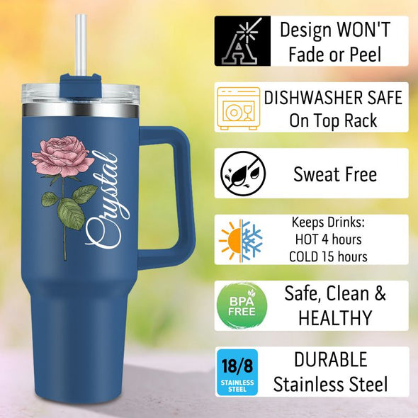 Personalized 40oz Tumbler with Handle and Straw, Custom Birth Flower Print Names Insulated Stainless Steel Travel Cup