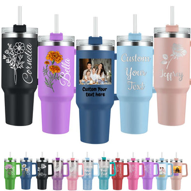 Personalized 40oz Tumbler with Handle and Straw, Custom Print Photo/Text Insulated Stainless Steel Travel Cup