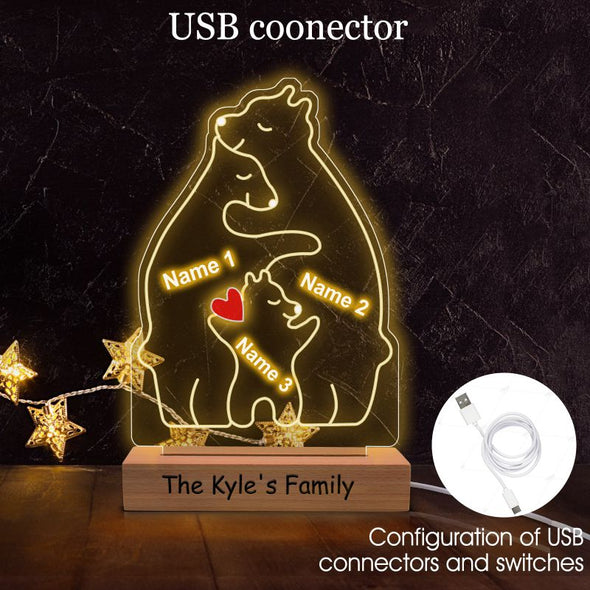 Custom Bear Family Puzzle Night Light with 2-10 Family Names, Personalized Acrylic Table Lamp with Wooden Base