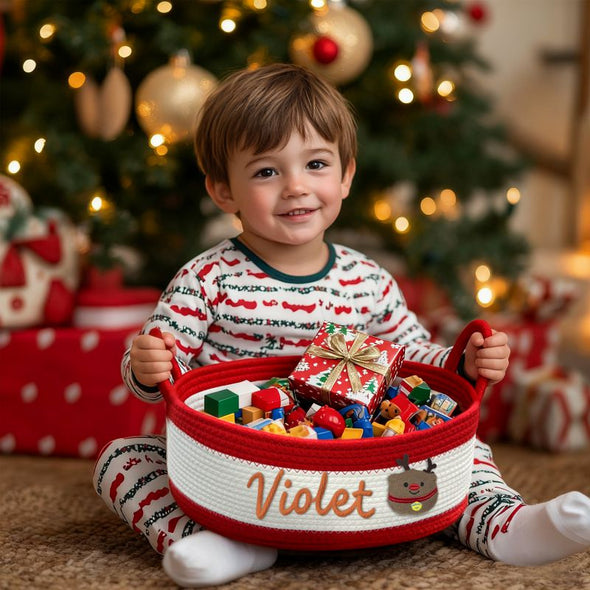 Personalized Christmas Basket with Name Custom Cotton Rope Toy  Storage Bin with Handle