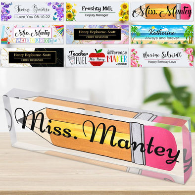 Desk Name Plates for Office, Personalized Custom Acrylic Nameplates for Teacher Bussiness