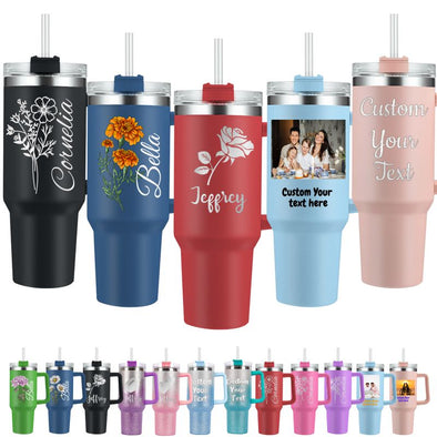 Personalized 40oz Tumbler with Handle and Straw, Custom Engraved Names/Logo Insulated Stainless Steel Travel Cup