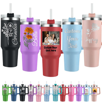 Personalized 40oz Tumbler with Handle and Straw, Custom Print Photo/Text Insulated Stainless Steel Travel Cup