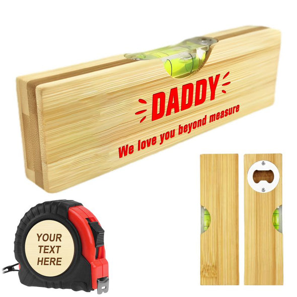 Father Day Gift Personalized Bamboo Spirit Level Bottle Opener Custom Engraved Tape Measure for Dad Husband Grandad