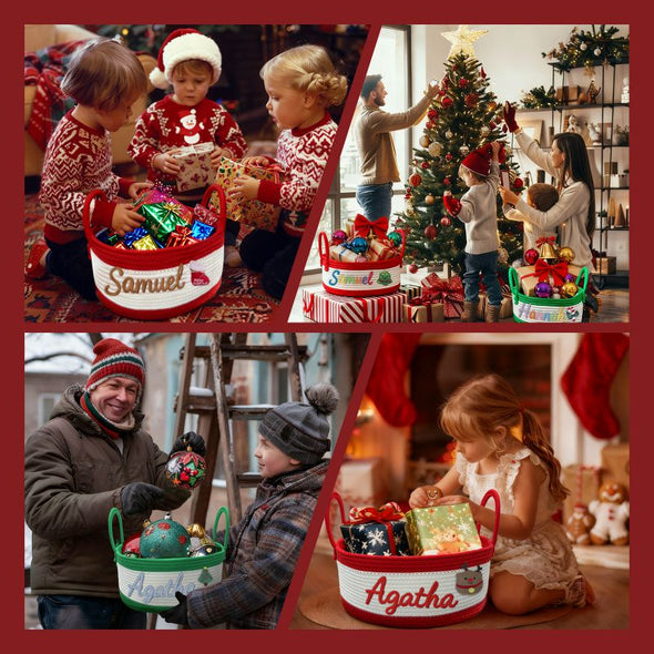 Personalized Christmas Basket with Name Custom Cotton Rope Toy  Storage Bin with Handle