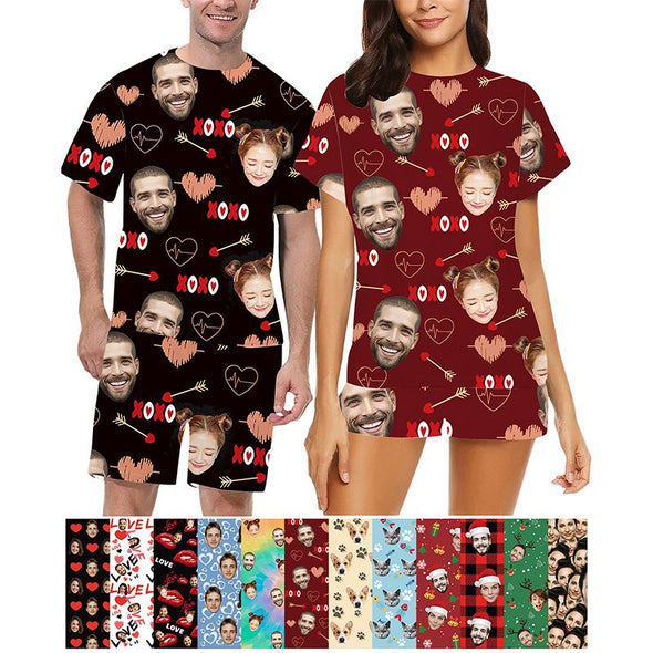 Personalized Pajamas with Face Photo Pet Pictures Custom Short Sleeves Pjs for Women Men Christmas Gift