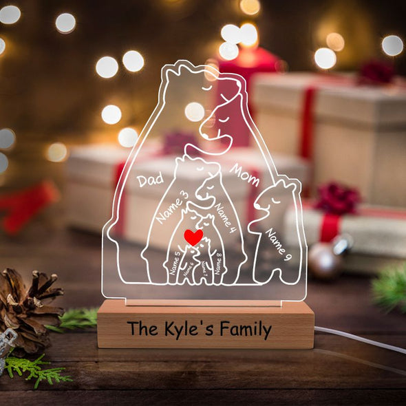 Personalized Bear Family Puzzle Night Light with 2-10 Family Names, Custom Acrylic Table Lamp with Wooden Base