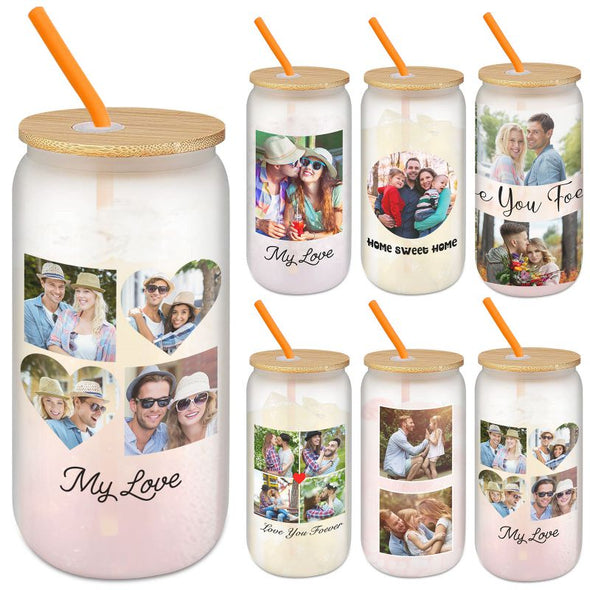 Personalized Frosted Glass Cups with Bamboo Lids and Straws 16 oz, Custom Iced Coffee Can Shaped Glass Tumbler with Photo Text for Women