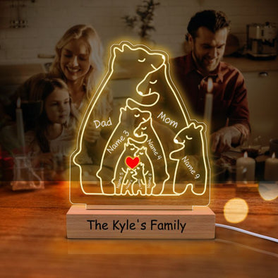 Personalized Bear Family Puzzle Night Light with Family Names, Custom Acrylic Table Lamp with Wooden Base