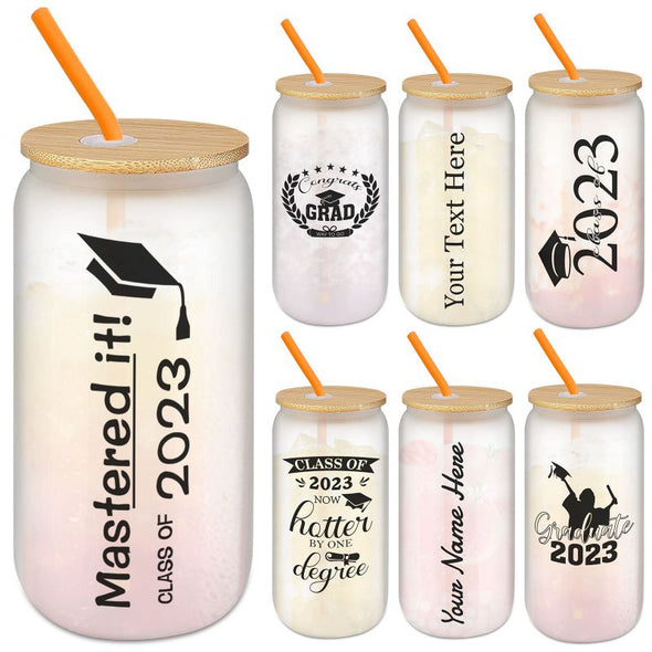 Personalized Frosted Glass Cups with Bamboo Lids and Straws 16 oz, Custom Iced Coffee Can Shaped Glass Tumbler with Name for Graduation