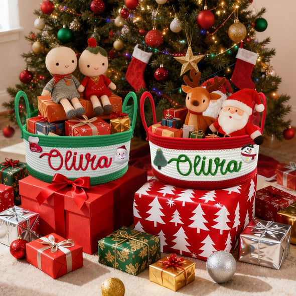 Personalized Christmas Basket with Name Custom Cotton Rope Toy  Storage Bin with Handle