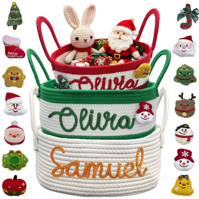 Personalized Christmas Basket with Name Custom Cotton Rope Toy  Storage Bin with Handle