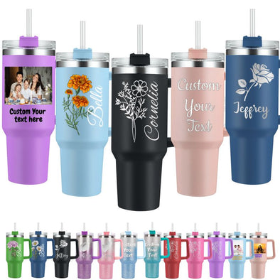 Personalized 40oz Tumbler with Handle and Straw, Custom Engraved Names/Flower Insulated Stainless Steel Travel Cup