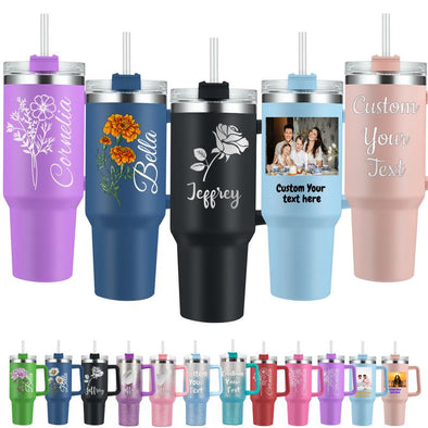 Personalized 40oz Tumbler with Handle and Straw, Custom Engraved Names/Logo Insulated Stainless Steel Travel Cup