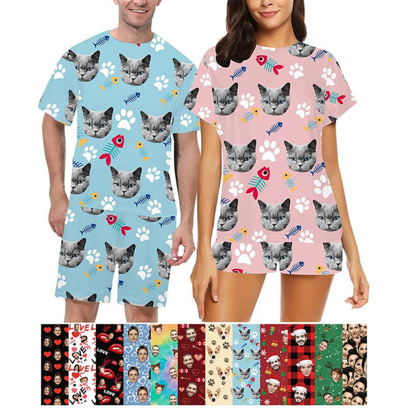 Personalized Pajamas with Face Photo Pet Pictures Custom Short Sleeves Pjs for Women Men Christmas Gift