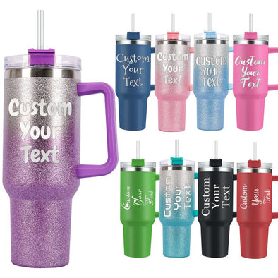 Personalized 40oz Tumbler with Handle and Straw, Custom Engraved Names Insulated Stainless Steel Travel Cup