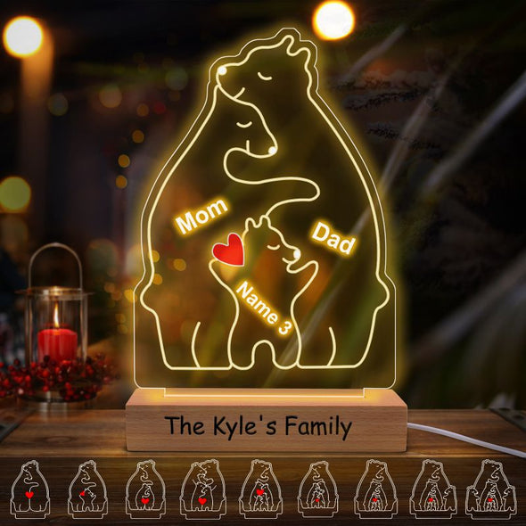 Custom Bear Family Puzzle Night Light with 2-10 Family Names, Personalized Acrylic Table Lamp with Wooden Base