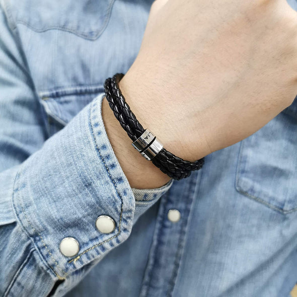Personalized Engraved Bracelet for Men, Custom Leather Bracelet with Custom Beads