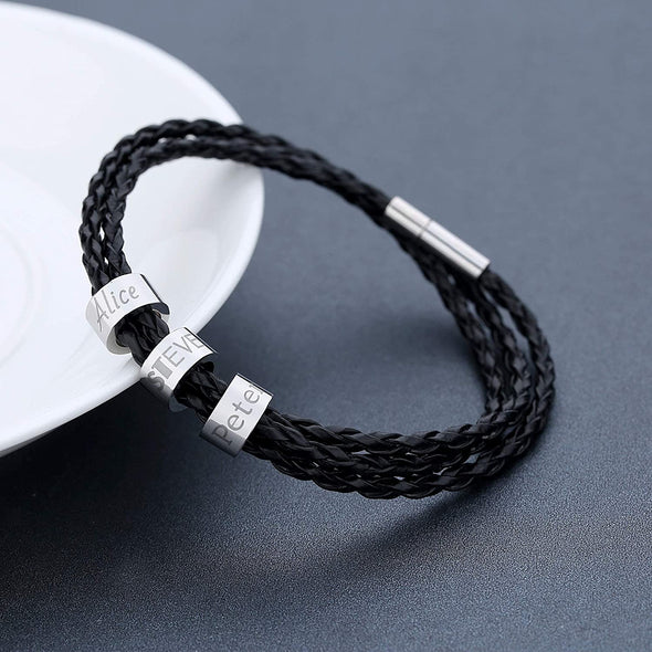 Custom Personalized Bracelet for Men, Engraved Leather Bracelet with Custom Beads