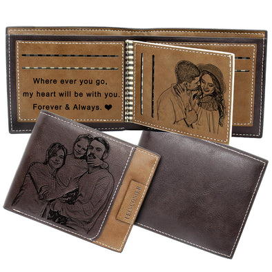 Engraved Custom Leather Photo Men Wallet for Dad Dark brown