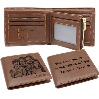 Personalized Photo Leather Wallets Men,Custom Engraved Wallet for Him Dad Son Father Day Gifts Brown